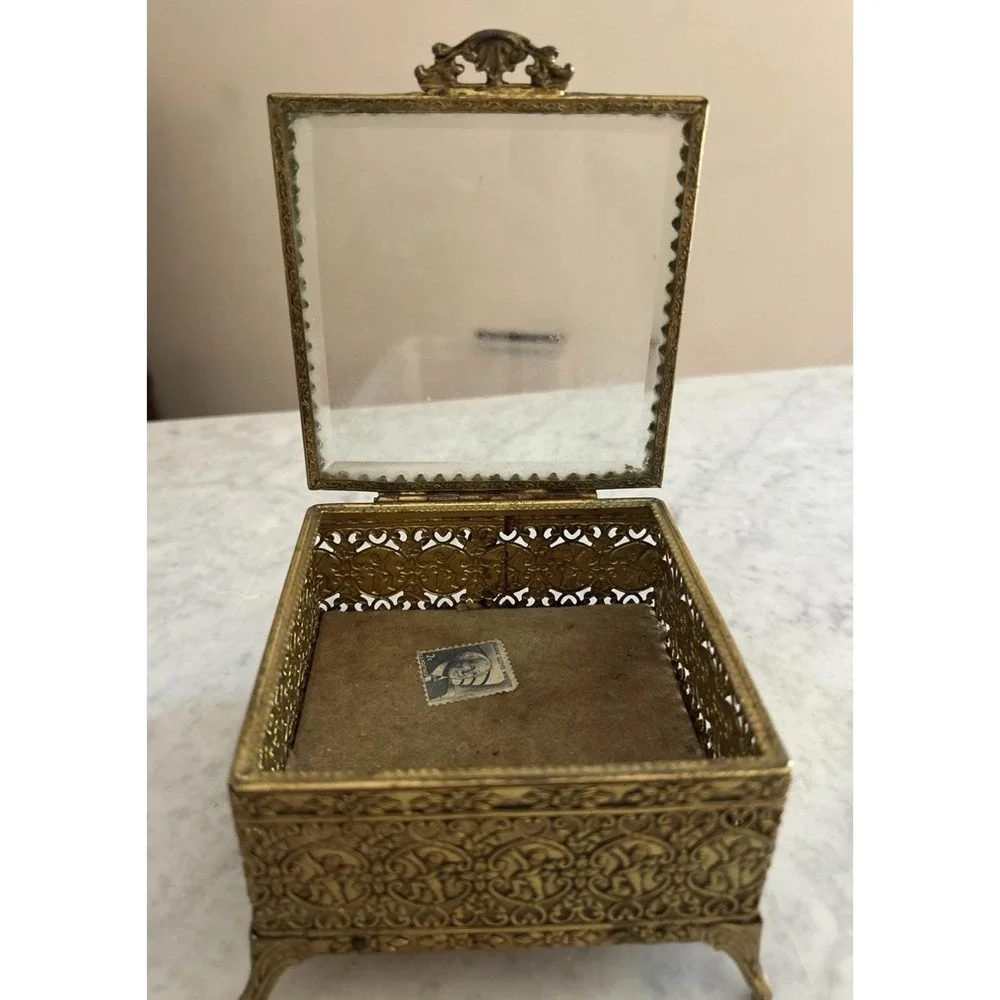 Vintage Jewelry Box Golden Filigree Beveled Glass Footed Full Of Crystal 5×6.5in